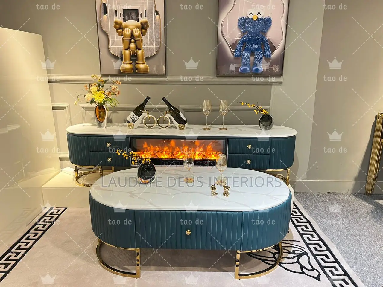 Exquisite Marble Top Center Table With Fireplace TV Console