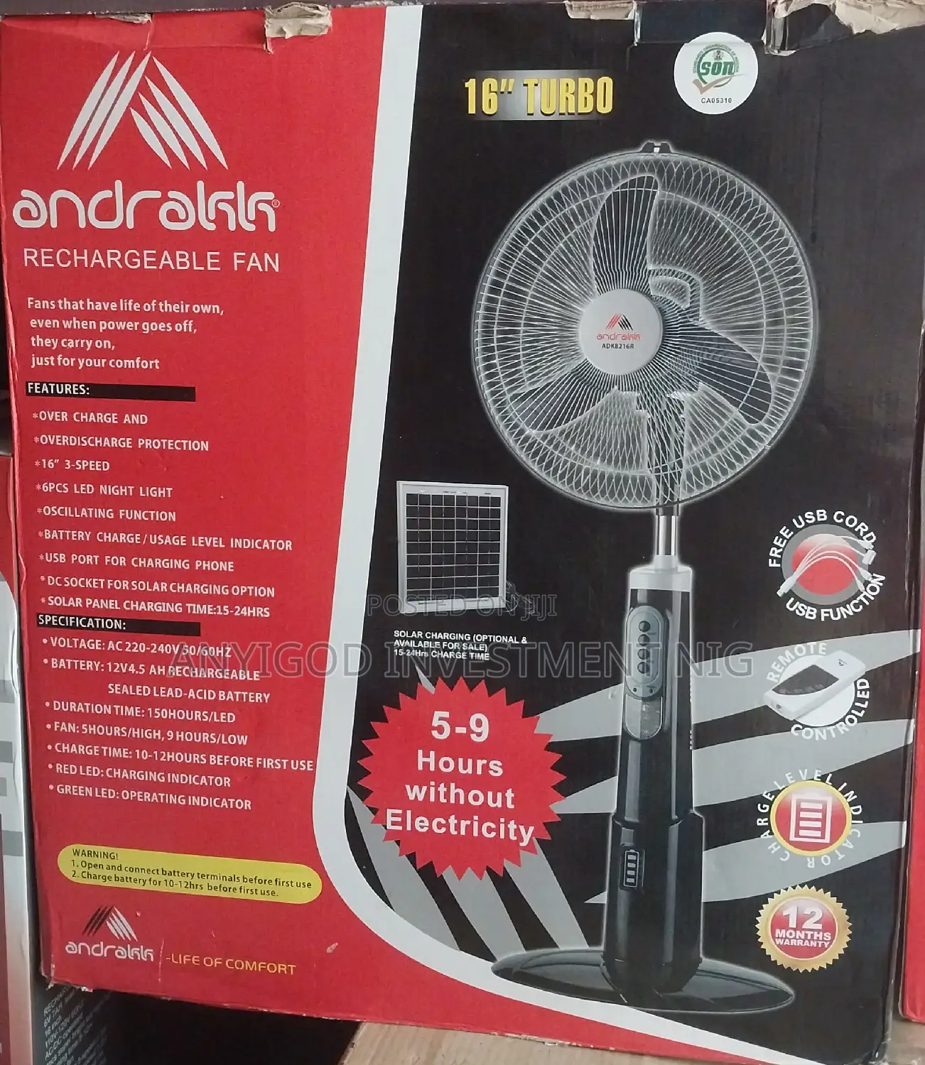 16inches Andrakk Rechargeable Standing Fan Turbo