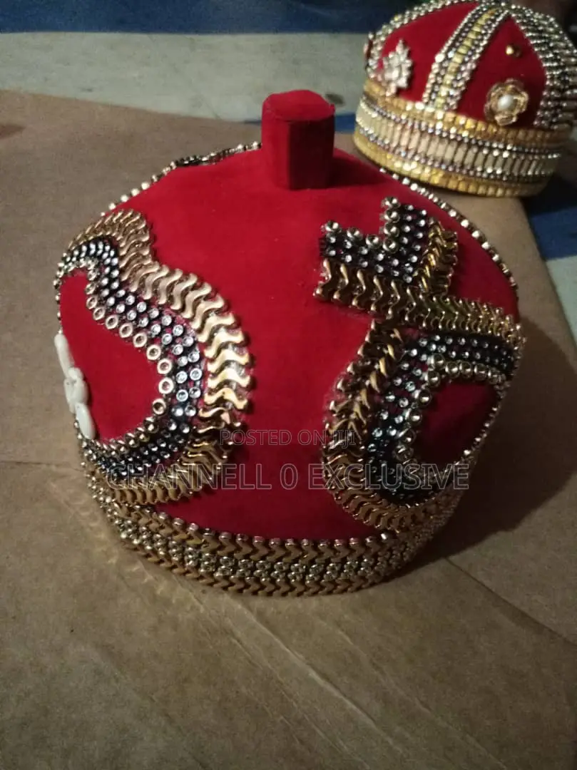 Red and Gold Igbo Men Traditional Hat for Kings