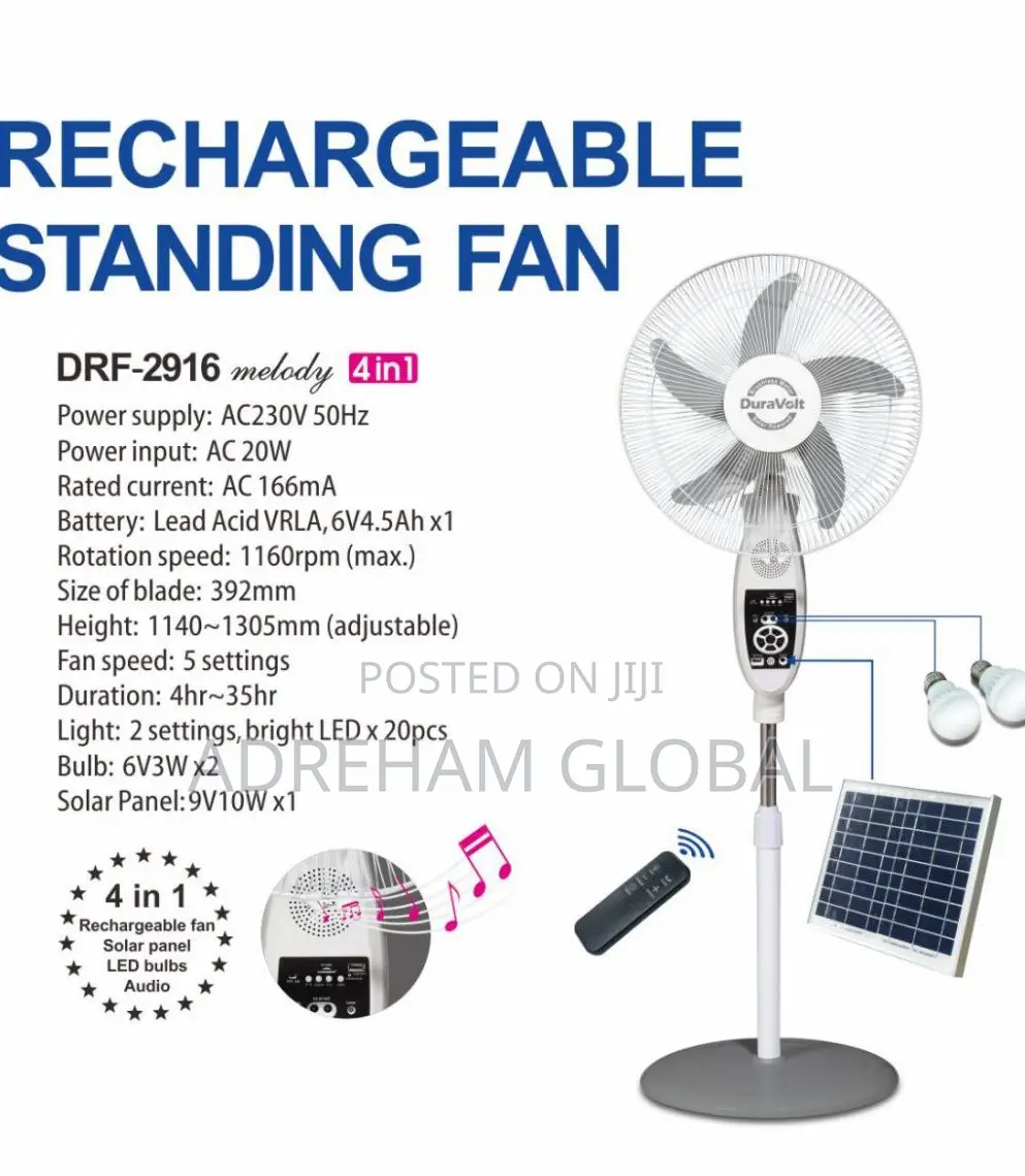 Duravolt Melody "16 (4 In1)Solar Rechargeable Standing Fan