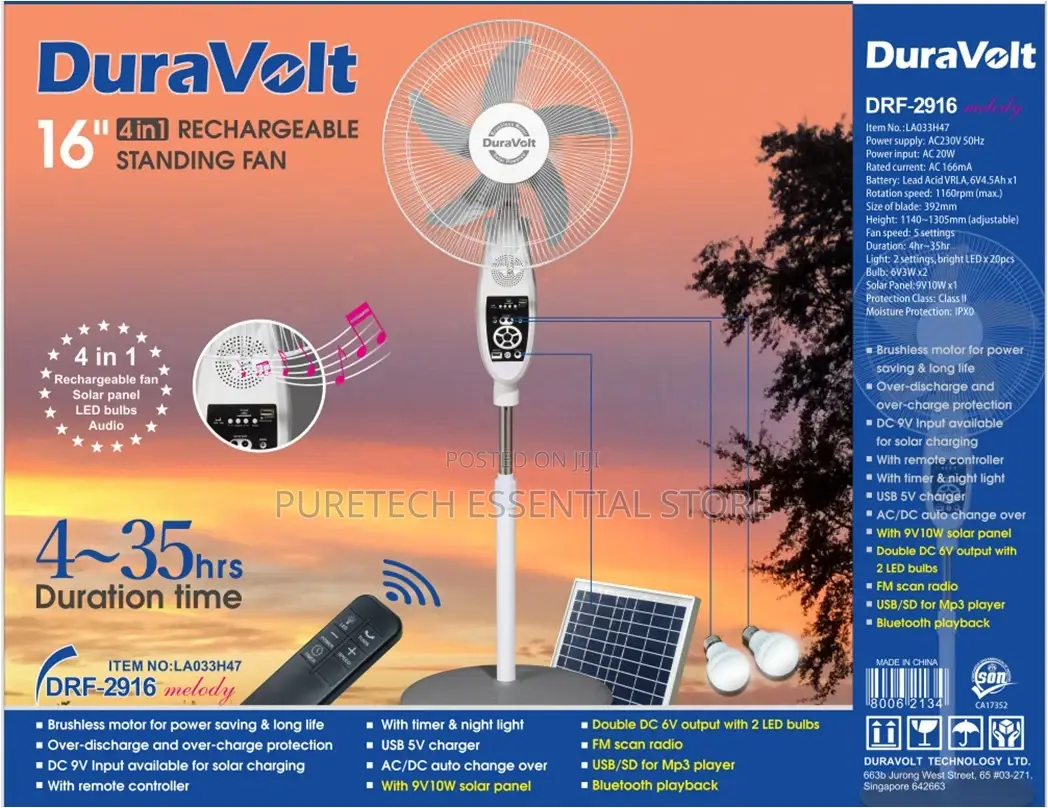 Dura Volt 3in1 16inches Rechargeable Fan