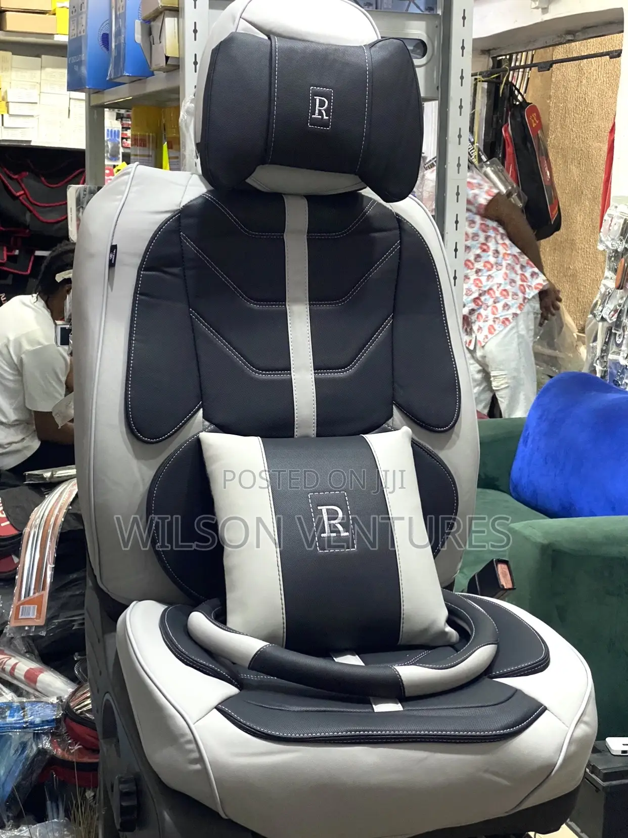 5 Seater R Power Leather Seat Cover Gray and Black