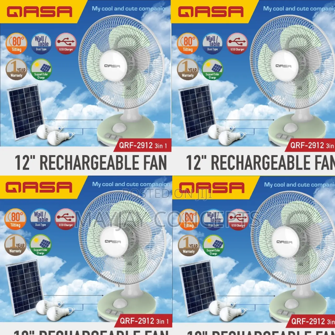 3in1 Qasa 12inches Table/Wall Solar Multipurpose Fan-2 Bulbs