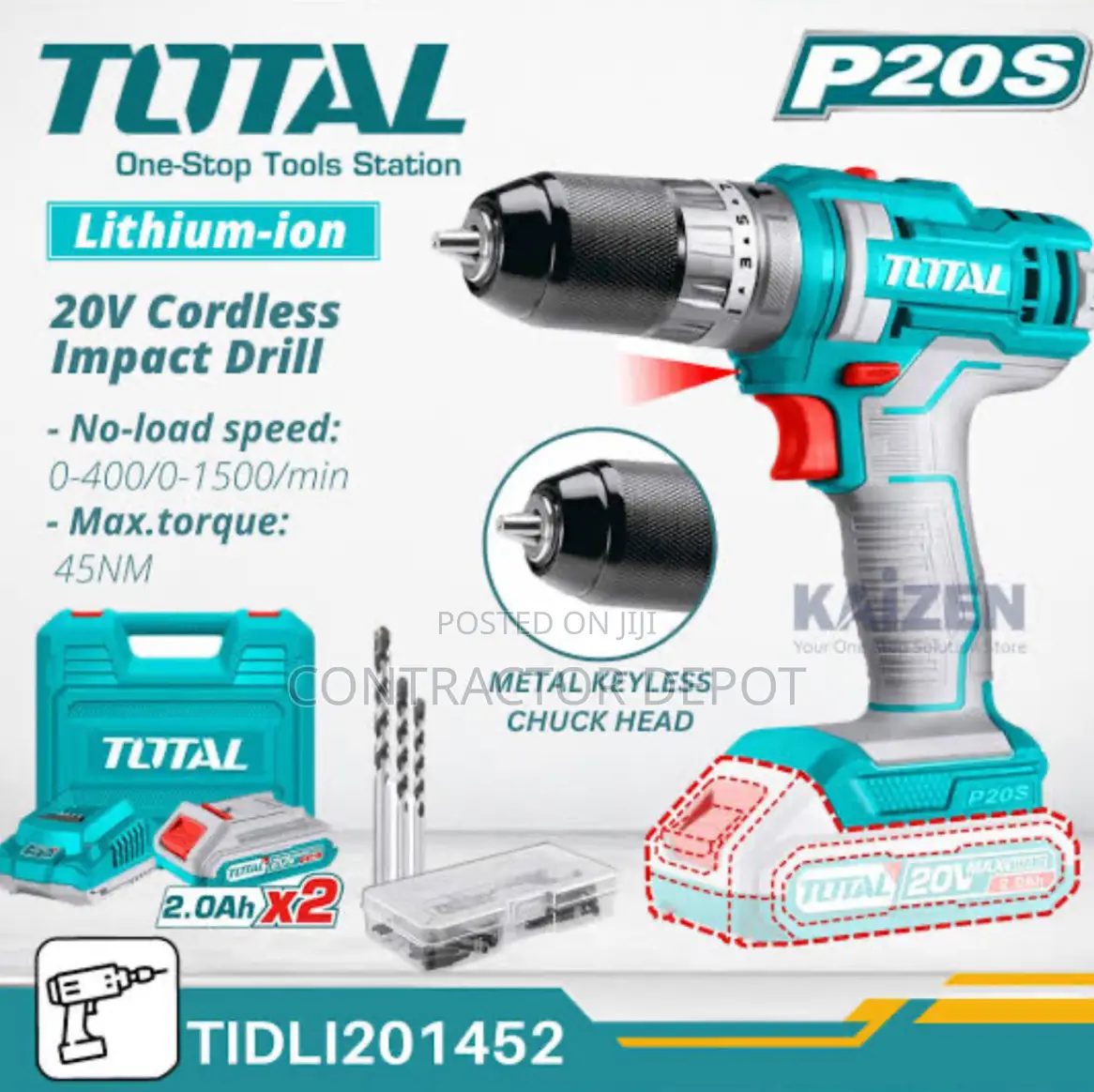 P2OS 20V Li-Ion Impact Drill With Metal Keyless Chuck TOTAL