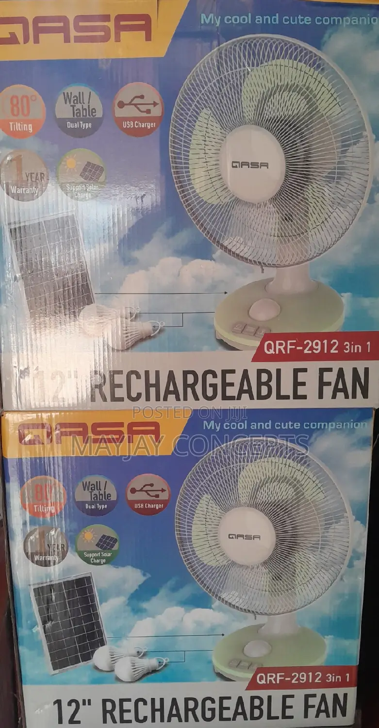 3in1 Qasa 12inches Table/Wall Solar Multipurpose Fan-2 Bulbs