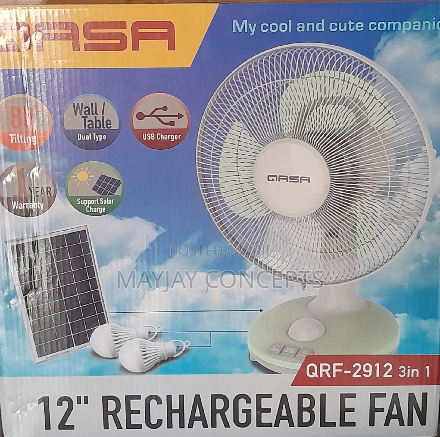 3in1 Qasa 12inches Table/Wall Solar Multipurpose Fan-2 Bulbs