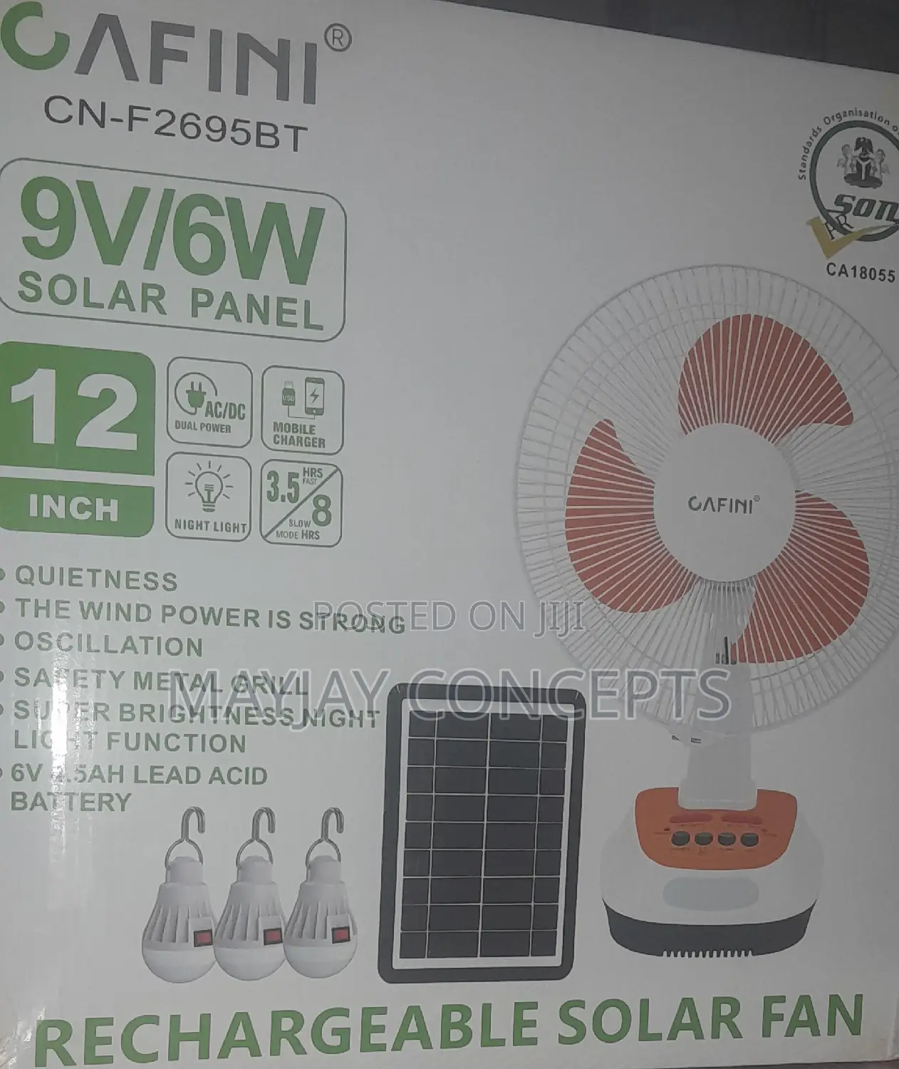 Cafini 3-in-1 12" Solar AC/DC Table Rechargeable Fan-3 Bulbs