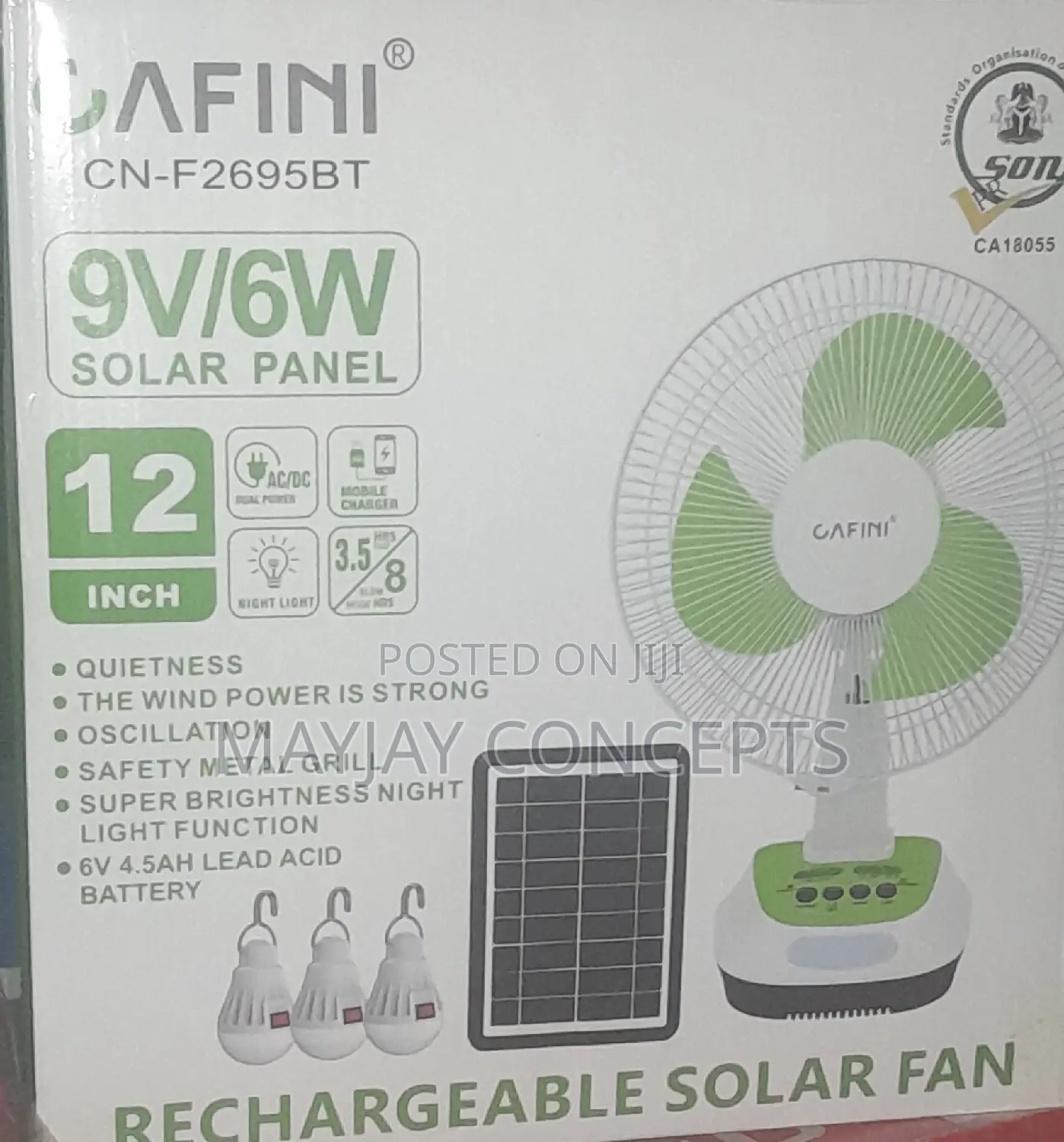 Cafini 3-in-1 12" Solar AC/DC Table Rechargeable Fan-3 Bulbs