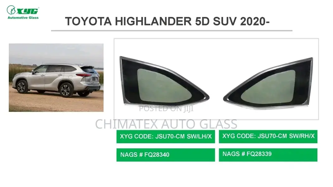 Toyota Highlander Rear Vent Glass Available
