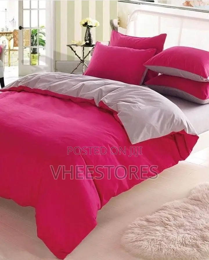 Plain Cotton Bedsheet, Pillowcases And Duvet. Ash And Pink