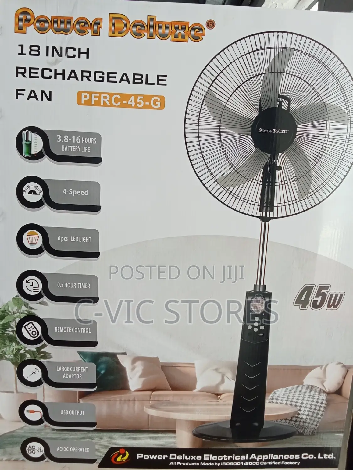 Power Deluxe Fan PFRC 45-G Rechargeable With Five Blade
