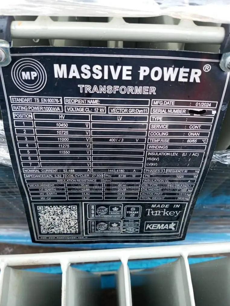 1000kva 11/0.400kv or 1MVA 11/0.400kv Massive Transformer