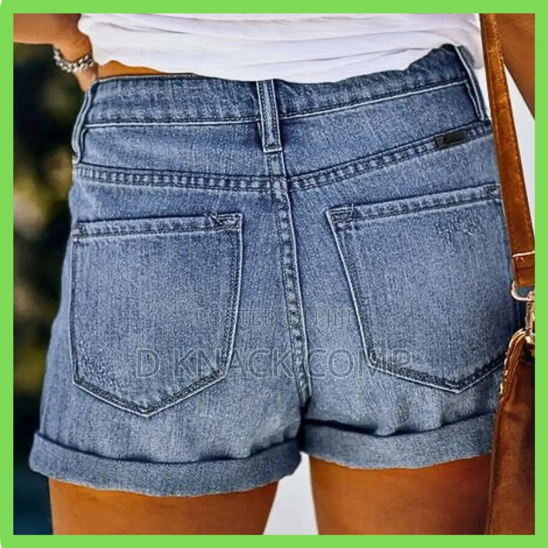 Sexy Stretch Cuffs Women's Shredded Slim Shorts Jeans - Blue