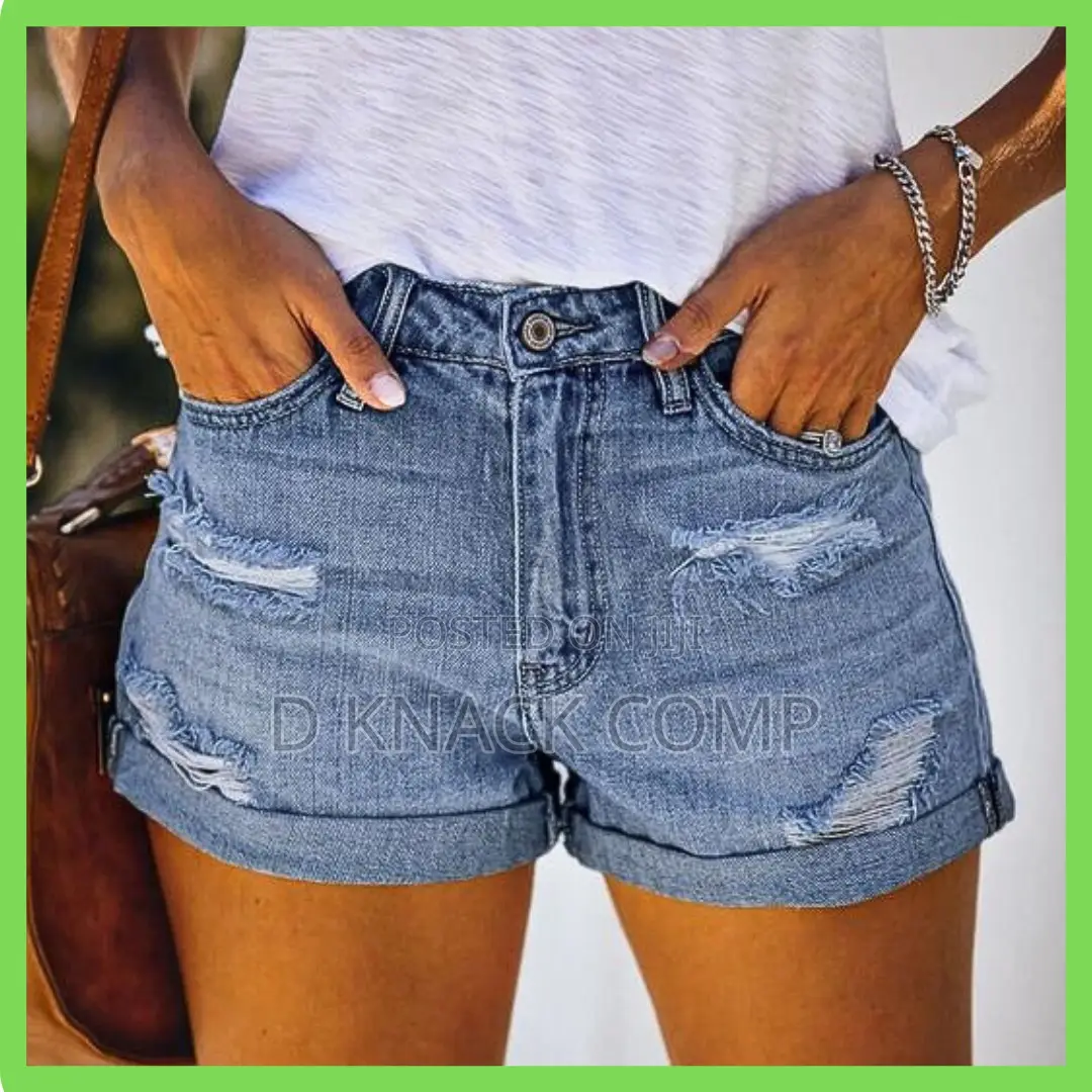 Sexy Stretch Cuffs Women's Shredded Slim Shorts Jeans - Blue