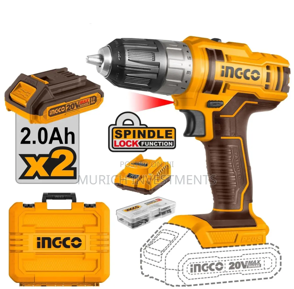 Ingco 20V Cordless Drill 45nm + 2.0ah Batteries, Charger