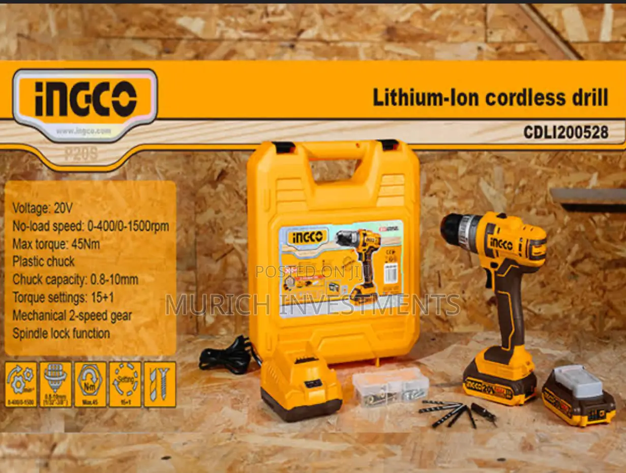 Ingco 20V Cordless Drill 45nm + 2.0ah Batteries, Charger