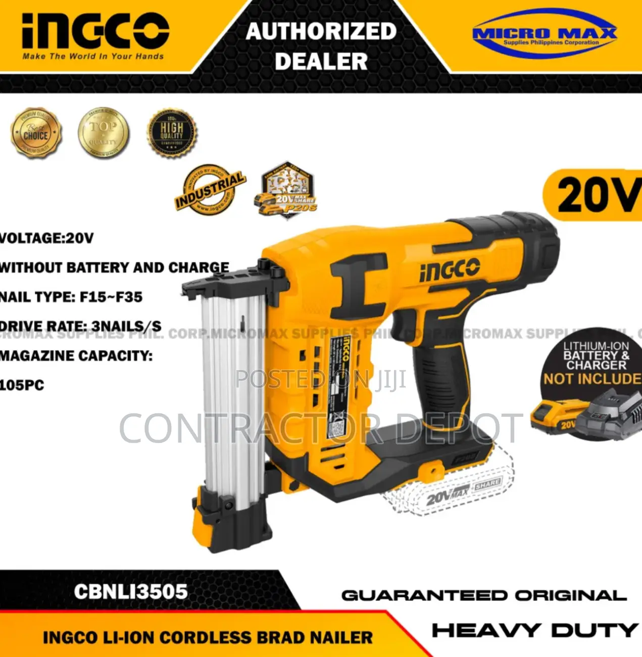Ingco Lithium-Lon Brad Nailer With 2.0ah Battery Charger