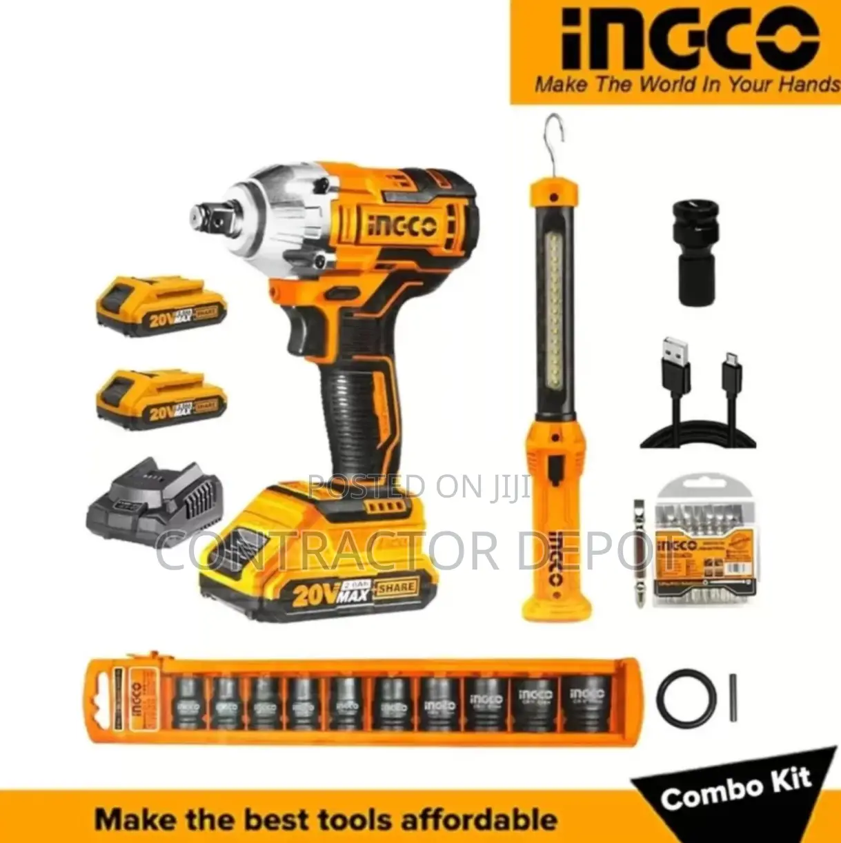 INGCO Cordless Impact Wrench (1/2 Inch) Combo Kit Set