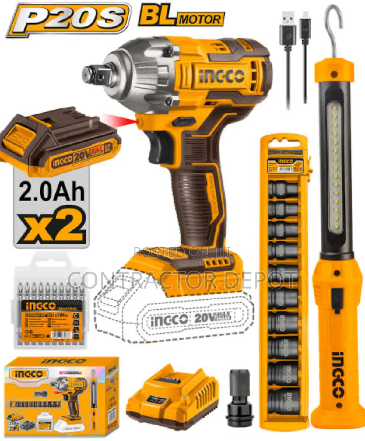 INGCO Cordless Impact Wrench (1/2 Inch) Combo Kit Set