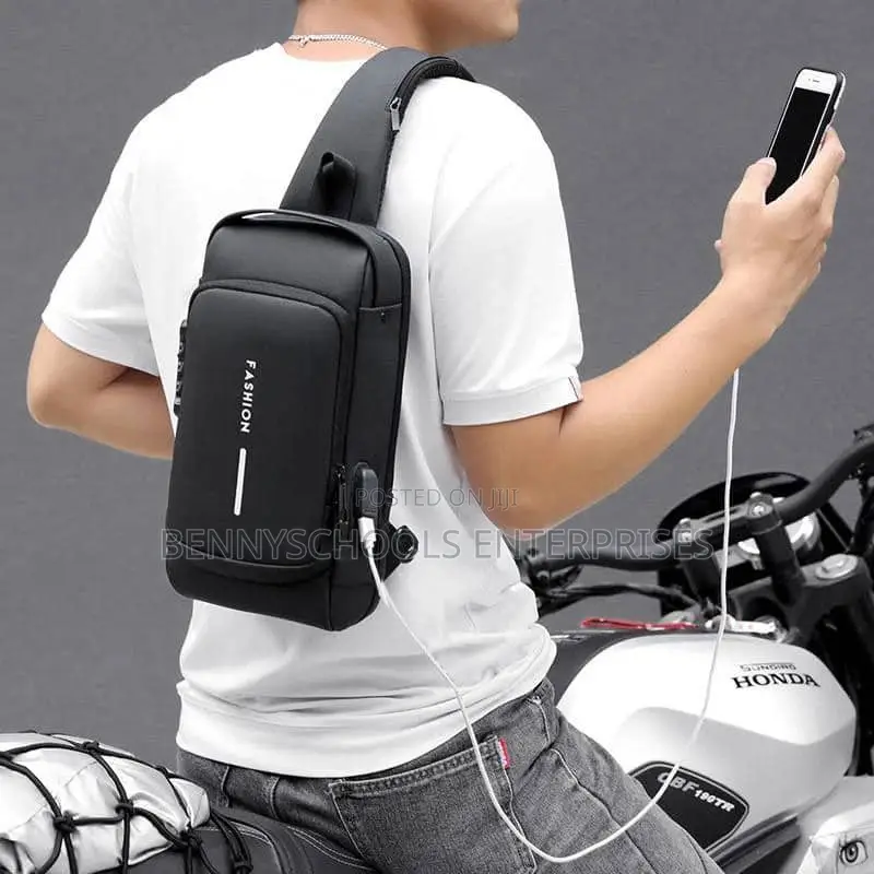 Leather Fashion Chest Bag With USB and Anti Theft Zip Lock