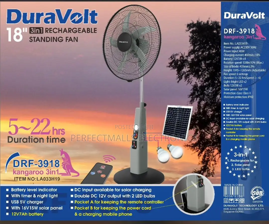 3 in 1 18" Rechargeable Fan With Panel and Bulb DRF-3918