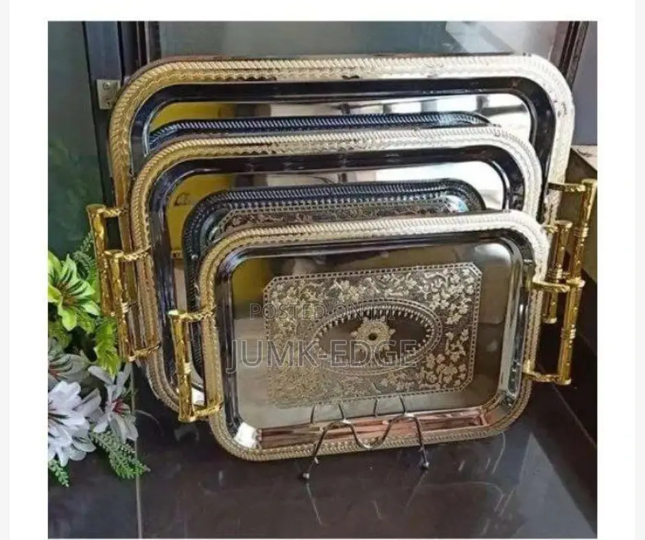 Serving Stainless Tray With Golden Handles