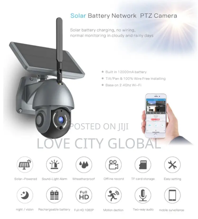 Solar PTZ 355°Camera Wifi 4mp Battery PIR Motiondetection
