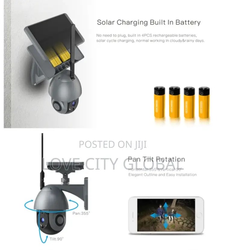 Solar PTZ 355°Camera Wifi 4mp Battery PIR Motiondetection