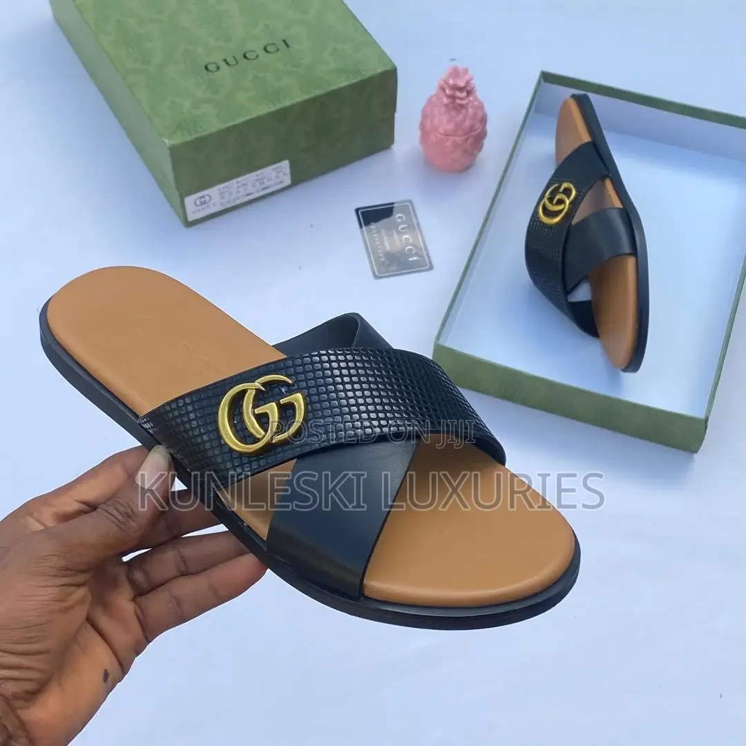 Original Gucci Men Cross Leather Slippers