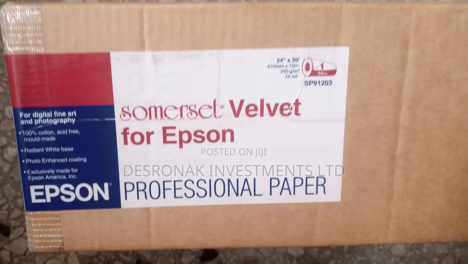 24" Epson Somerset Velvet Fine Art Roll Paper, 255g/M