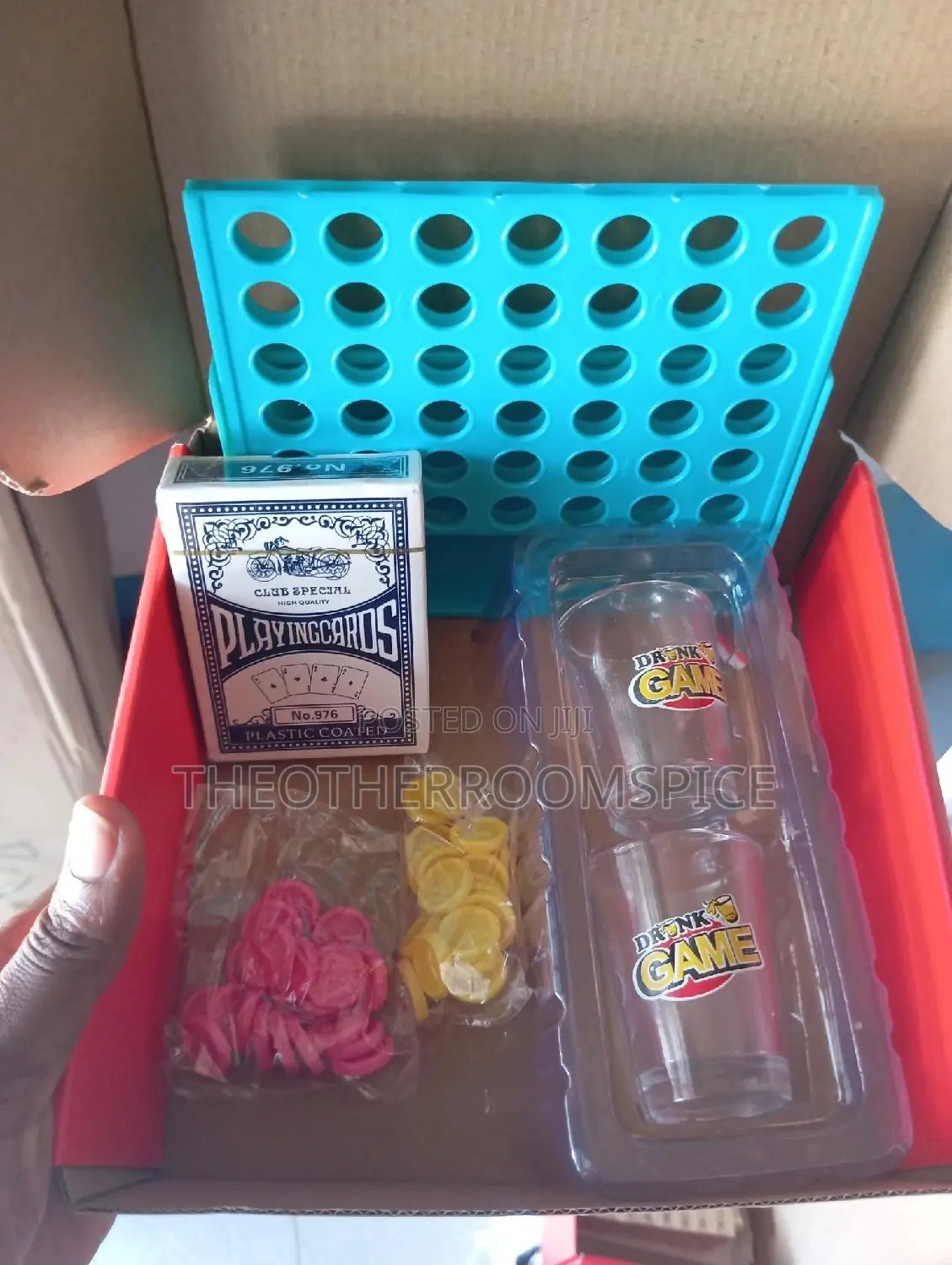 Connect 4 Game, 2 Drinking Water Glass Shot and Playing Card