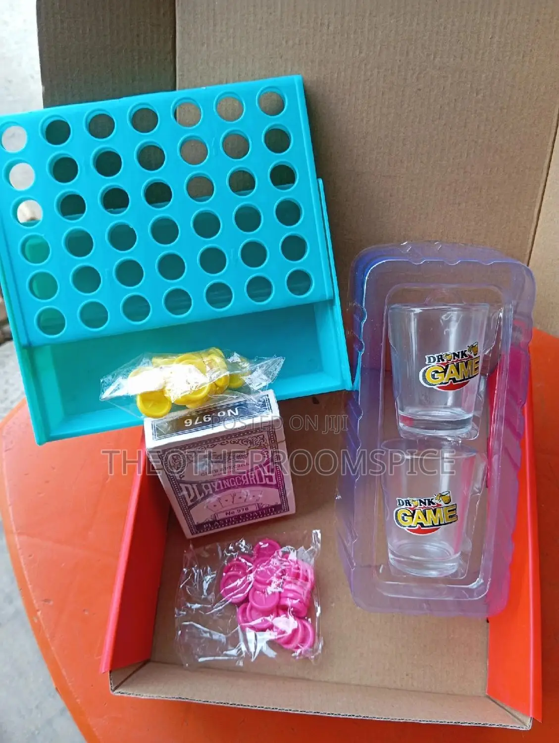 Connect 4 Game, 2 Drinking Water Glass Shot and Playing Card