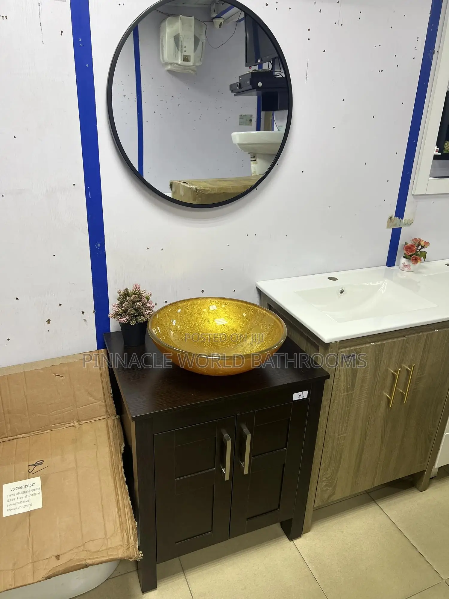 Black With Gold Cabinet Basin With Mirror