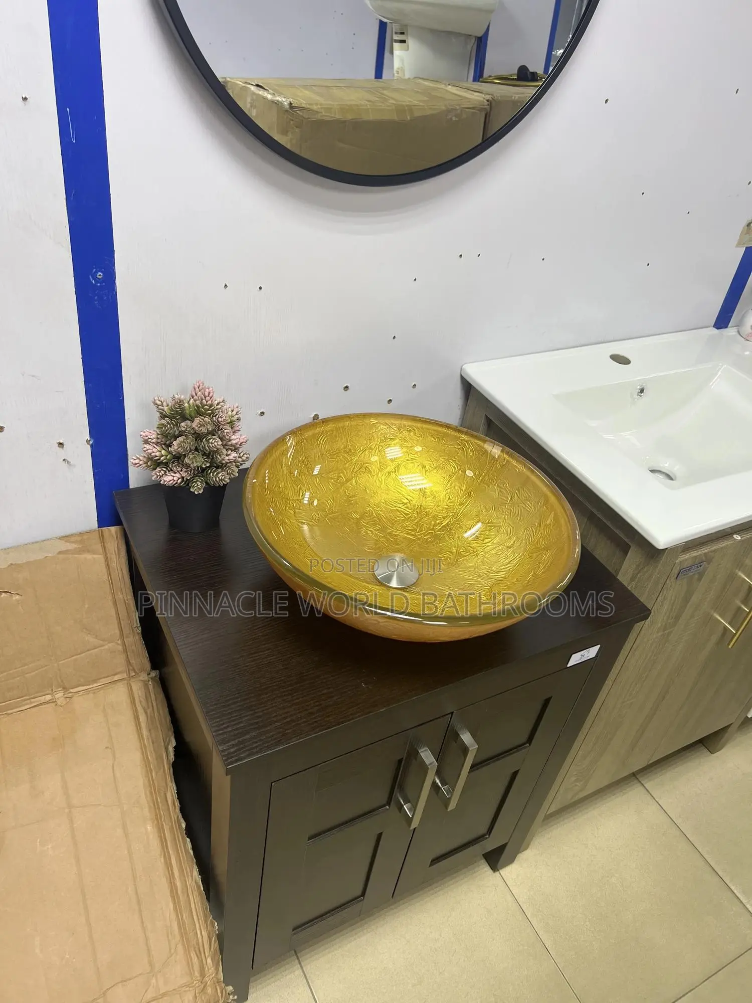 Black With Gold Cabinet Basin With Mirror