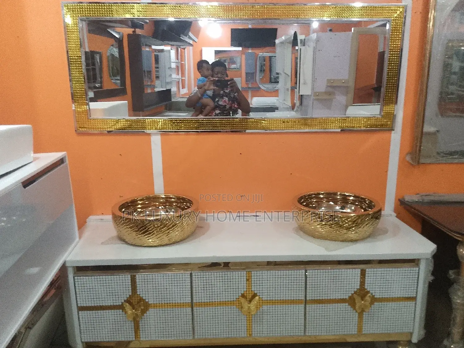 Gold and White Toilet and Bathroom Cabinets