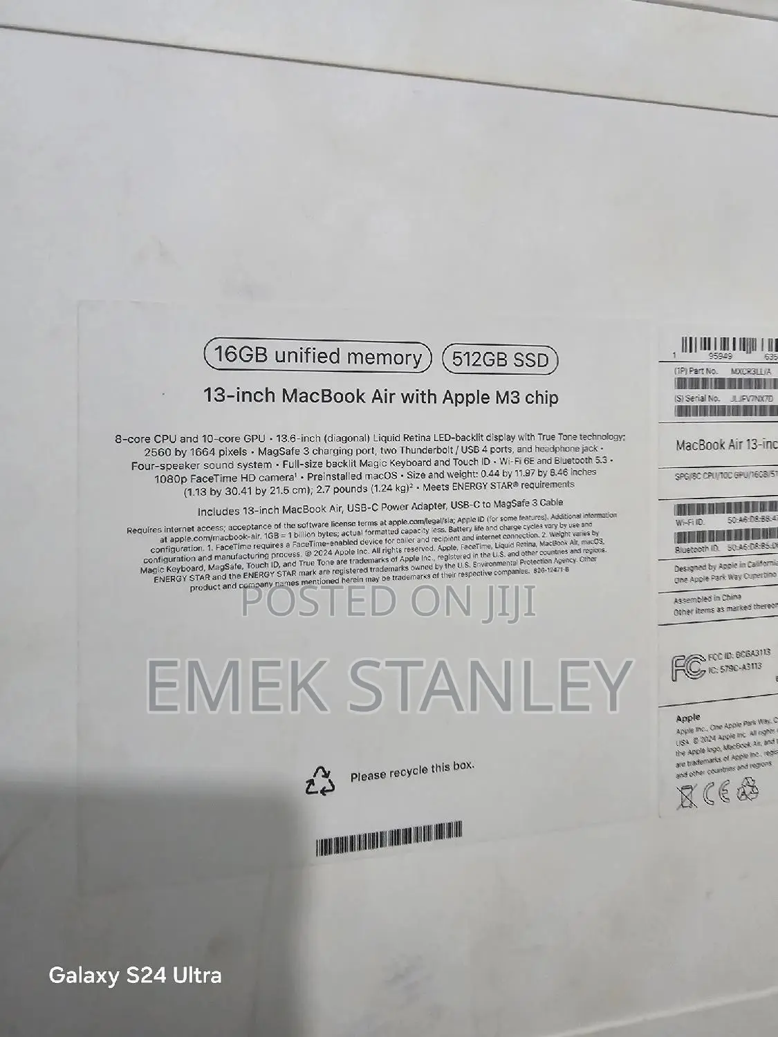 New Laptop Apple MacBook Air 2024 M3 13-inch 16GB Apple M3 SSD 512GB