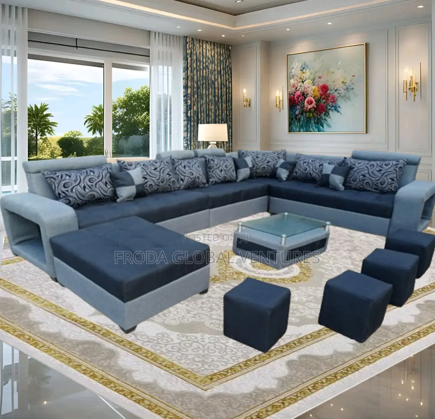 Set of U-Shape Sofa Chairs With Table and Side Stools