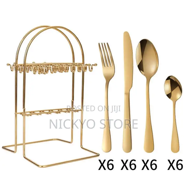 24pcs Stainless Steel Cutlery Set With Stand Gold