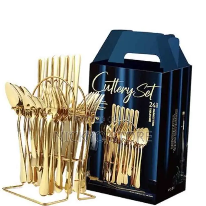 24pcs Stainless Steel Cutlery Set With Stand Gold