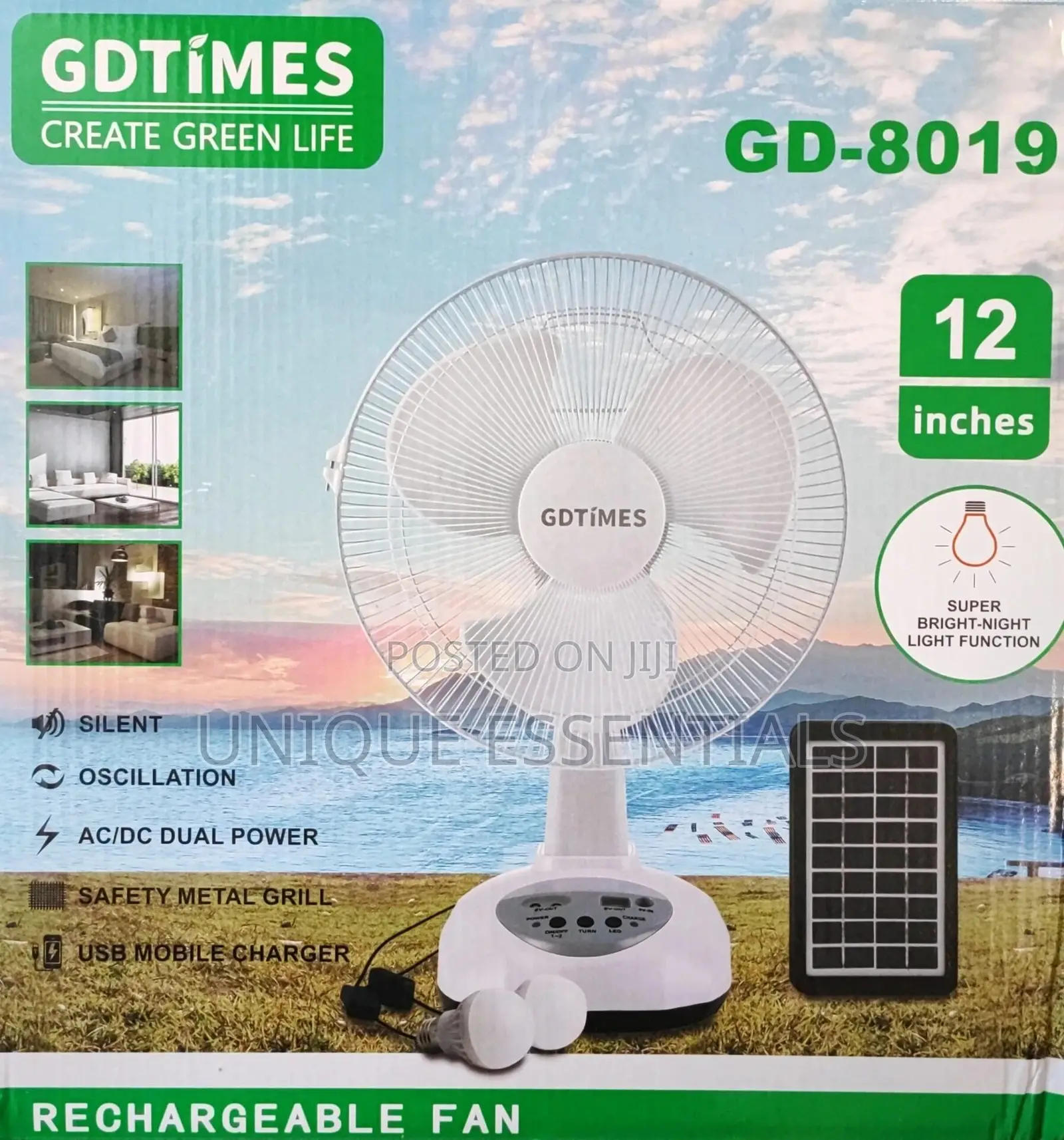 12" Rechargeable Fan With Dc Bulbs+ Solar Panel+Usb Output