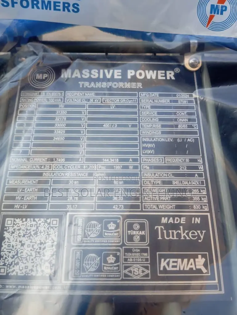 100kva 33/0.400kv Massive Power Transformer