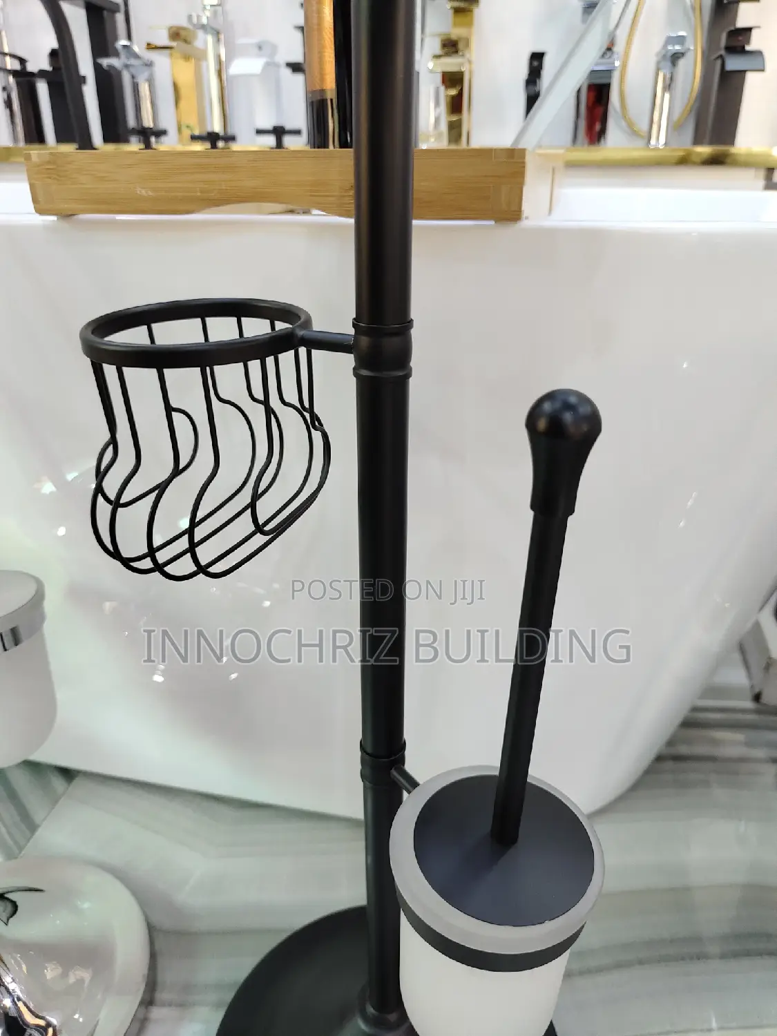 Vertical Black Tissue Holder And Toilet Brush (Round)