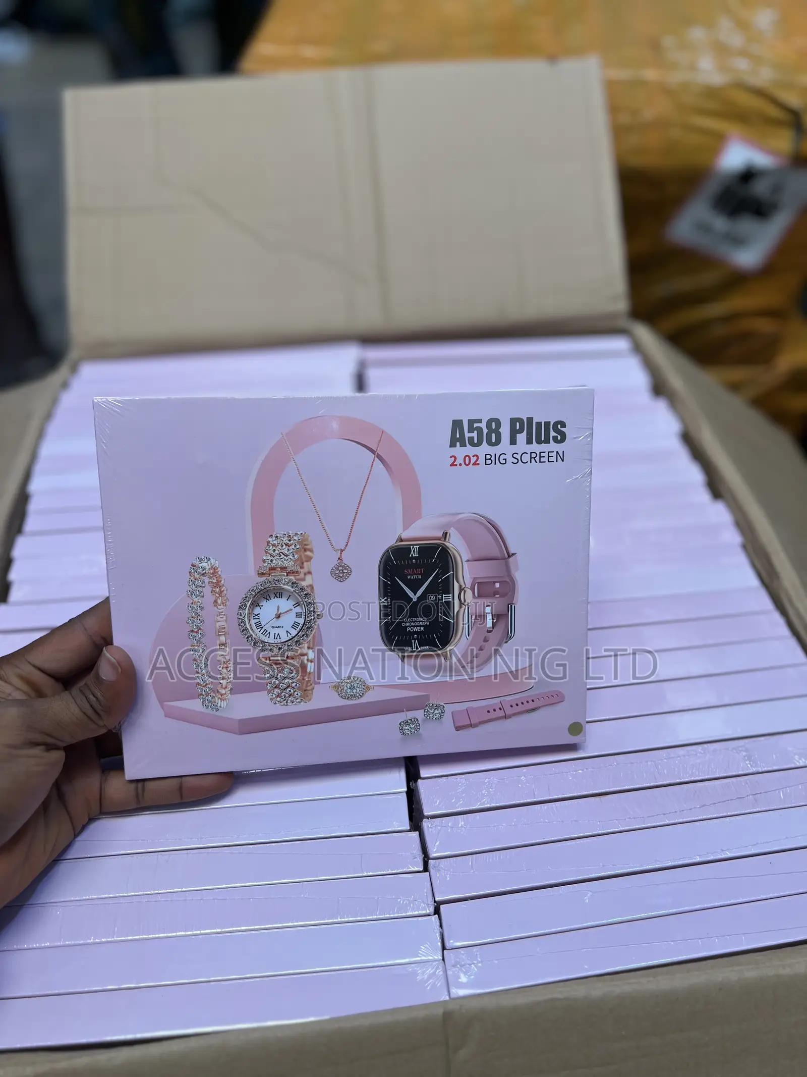 A58plus Ladies Gold Watch With Rose Gold Necklace Ring