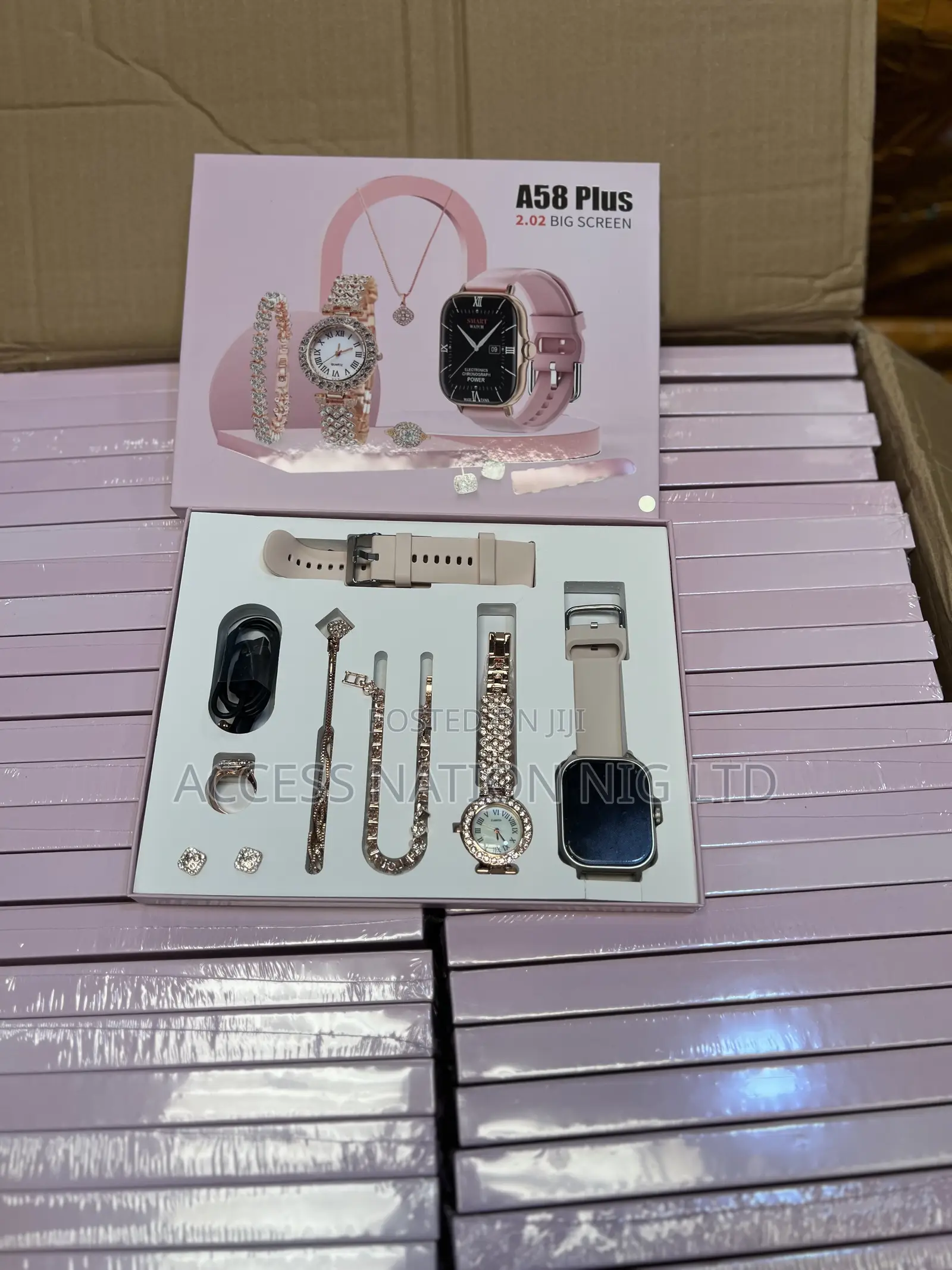 A58plus Ladies Gold Watch With Rose Gold Necklace Ring