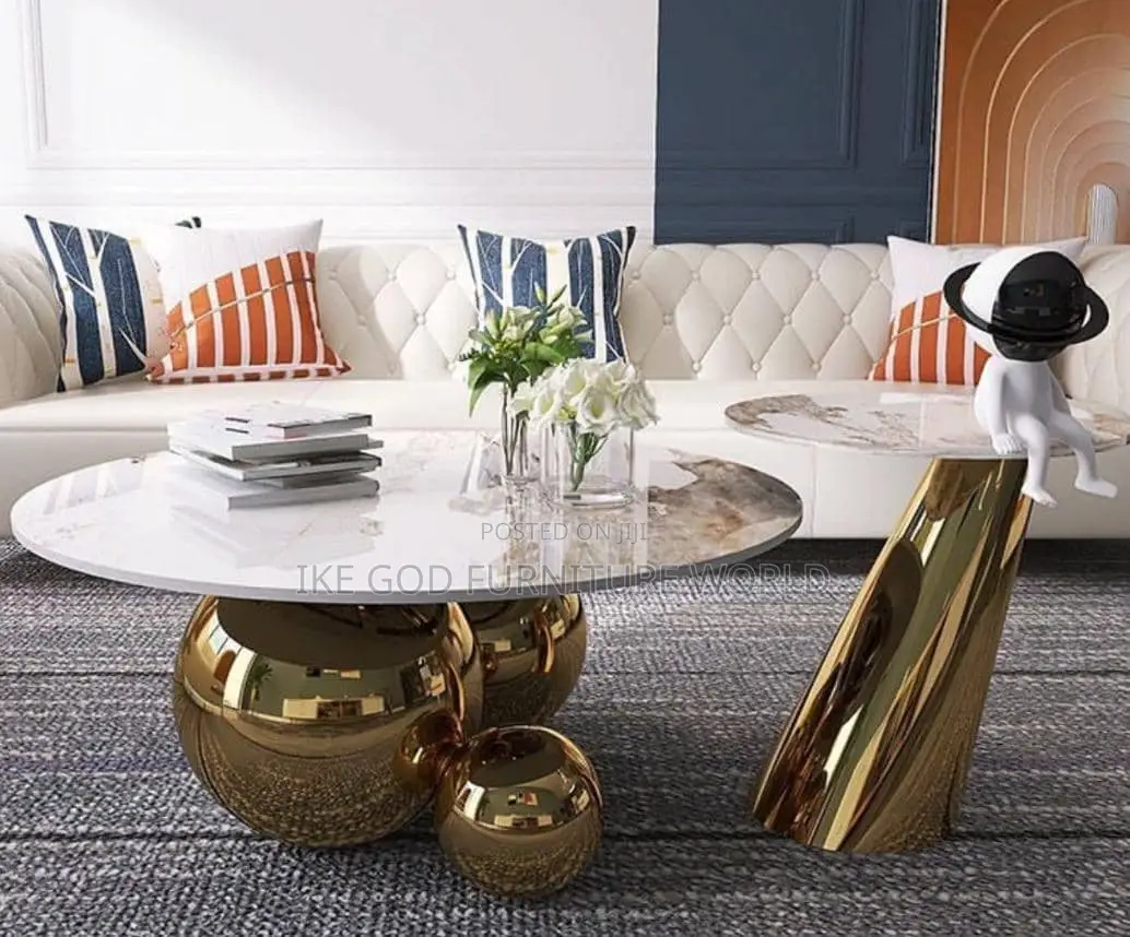 Set of Turkish Marble Center Table With 2side Stool