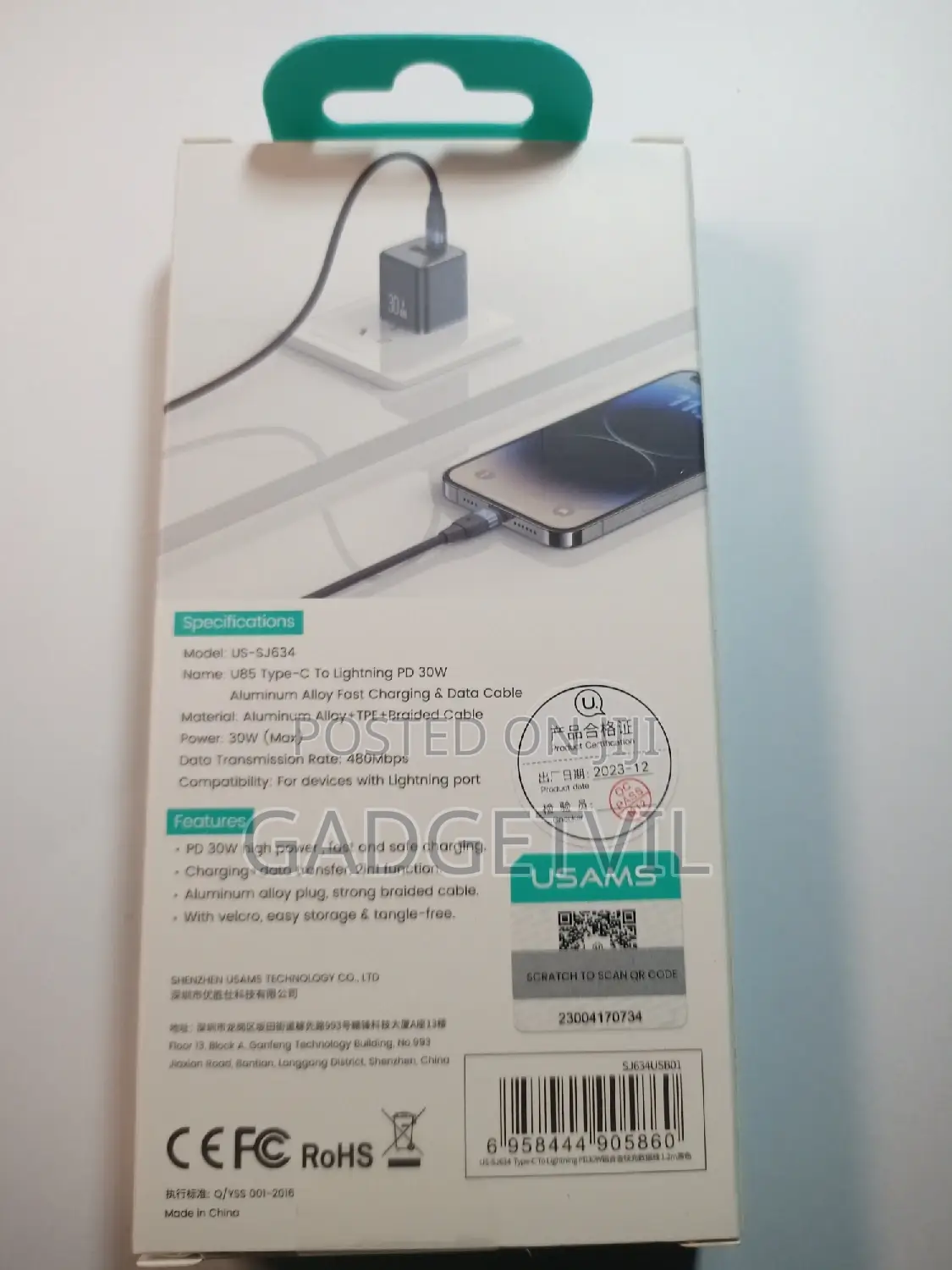 Usams Type-C to Lightning 30w Cable
