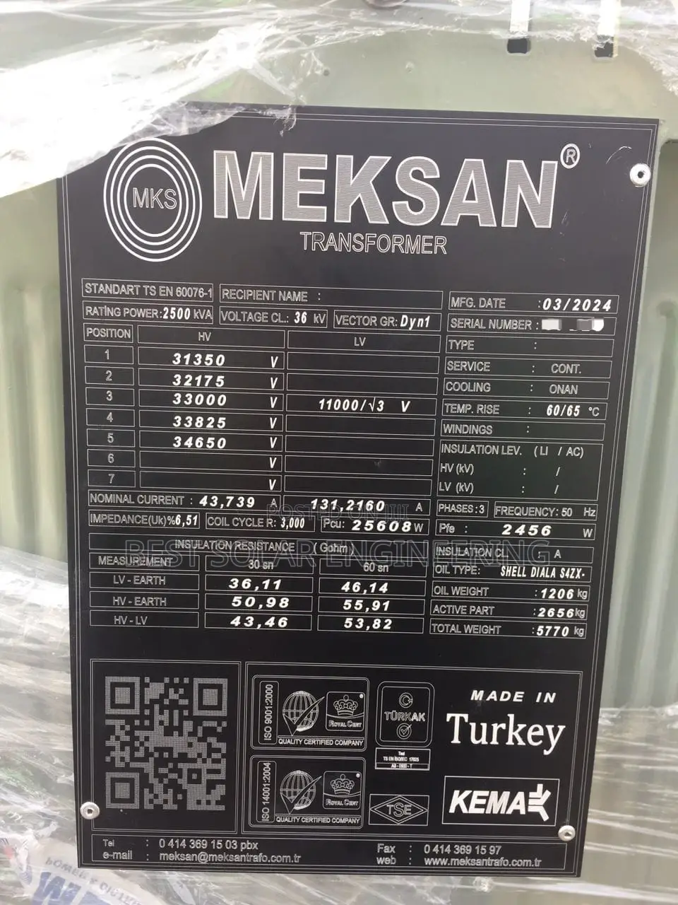 2.5mva 33/11kv or 2500kva 33/11kv Meksan Power Transformer