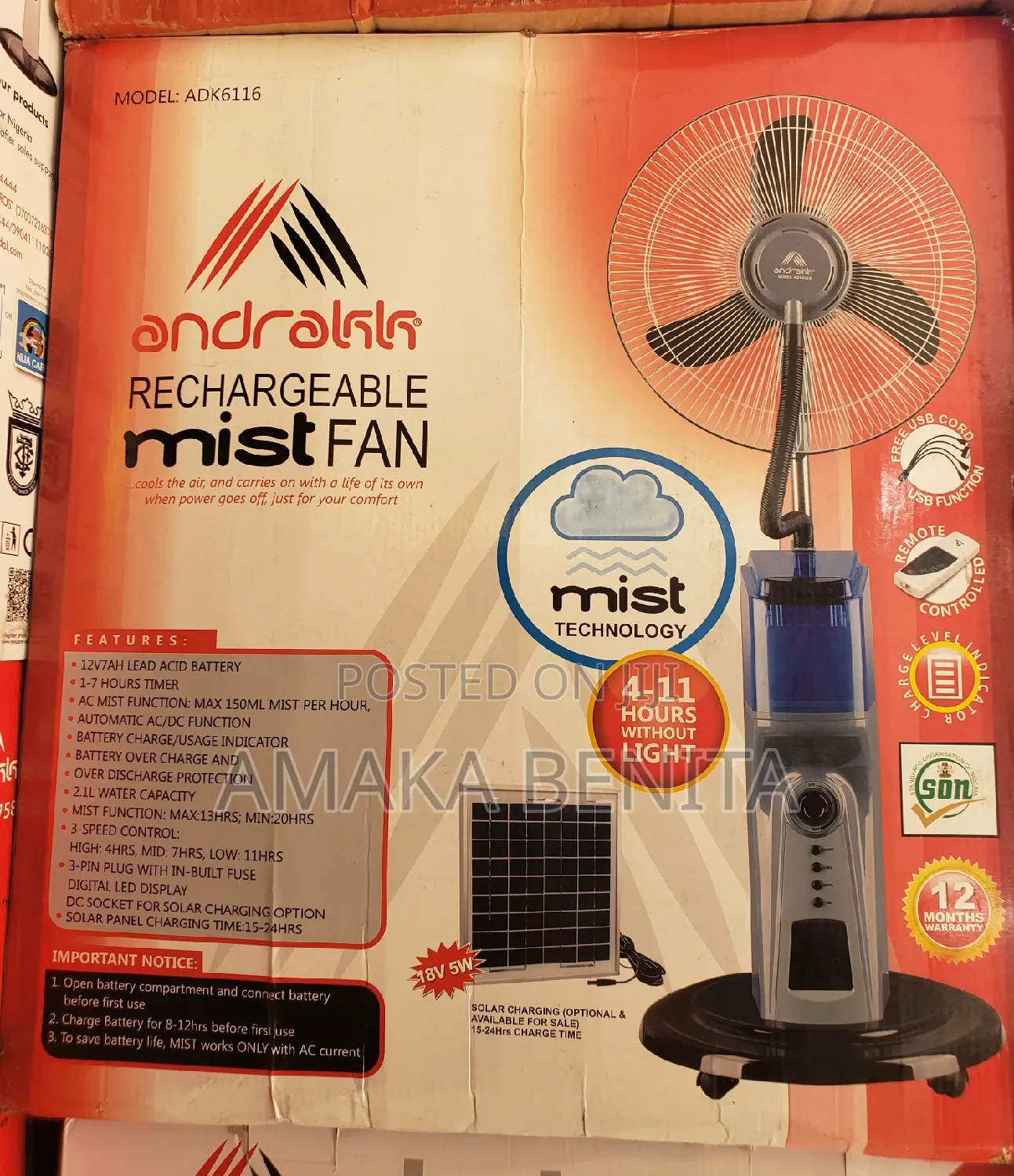 Andrakk Rechargeable Mist Fan 16"