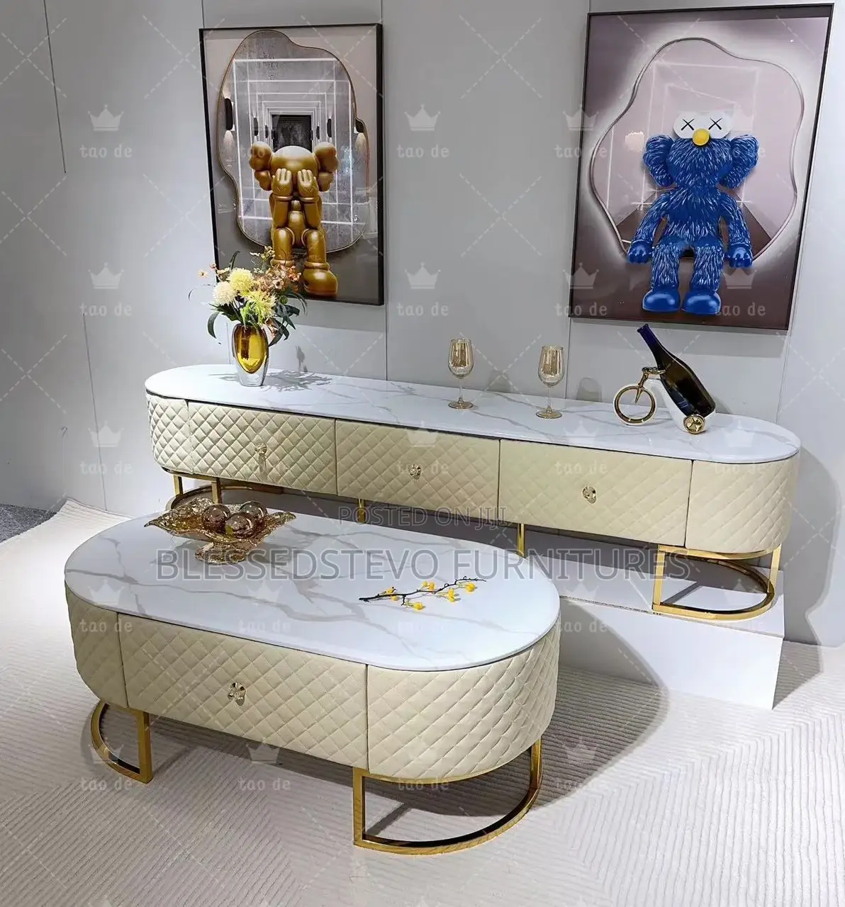 Big Luxury Center Table and Tv Stand Cream Color