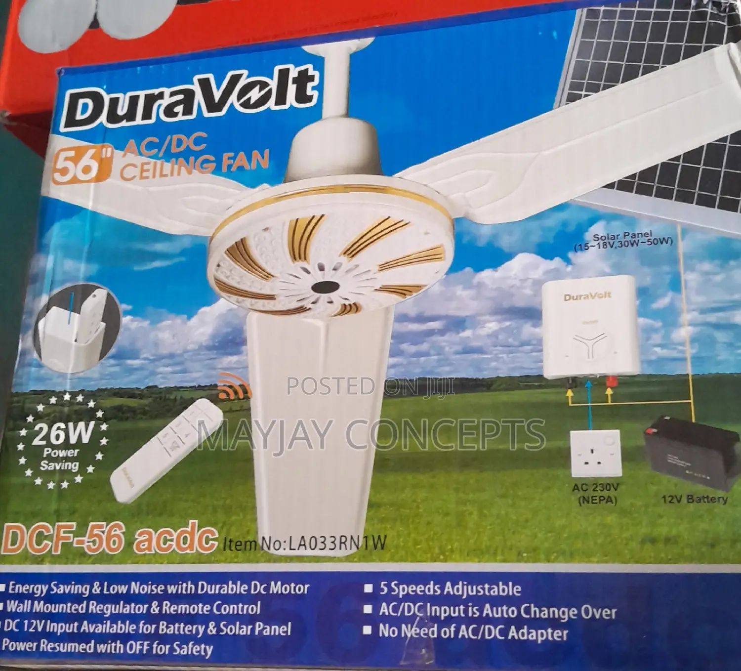 56inches Duravolt Ac/Dc Solar Ceiling Fan-Brown White